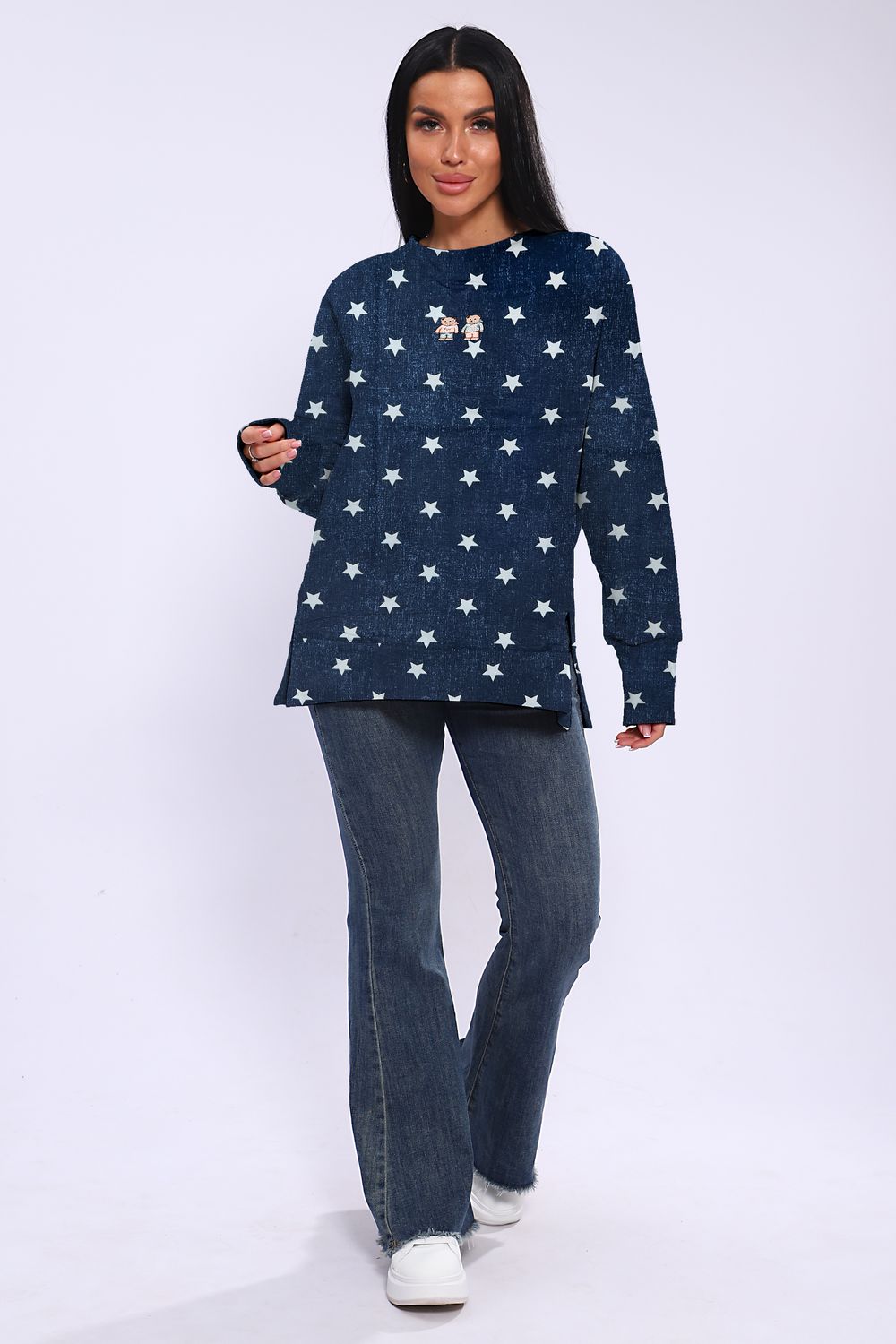 Худи женское с разрезами по бокам 003 - темно-синий+белый