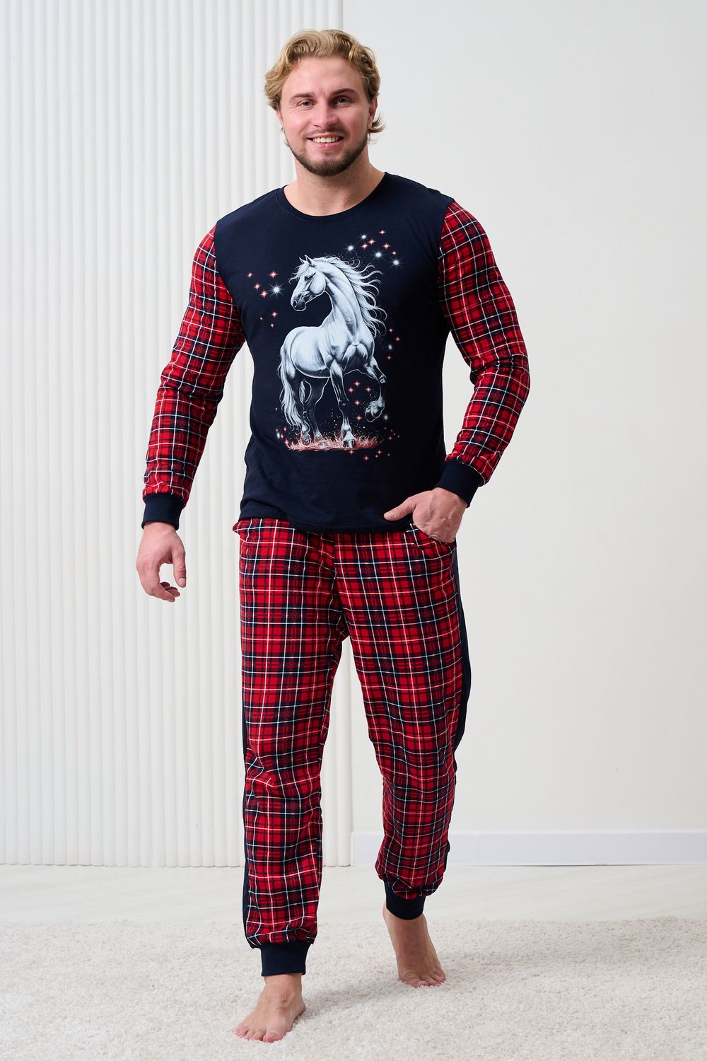Пижама 7290 - лошадь+красно-синяя клетка