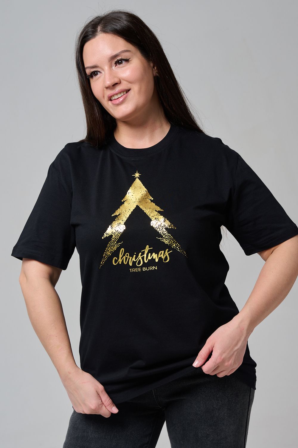 8564 футболка женская - черный+елочка гори