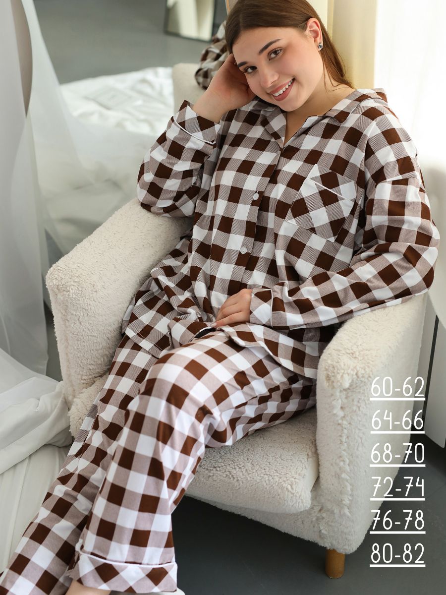 Теплая пижама больших размеров с рубашкой и штанами - коричневый