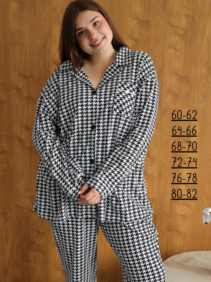 Теплая пижама больших размеров с рубашкой и штанами - черно-белый