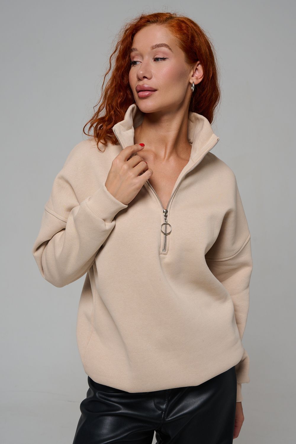 Женский свитшот на молнии оверсайз начес 14427 - бежевый