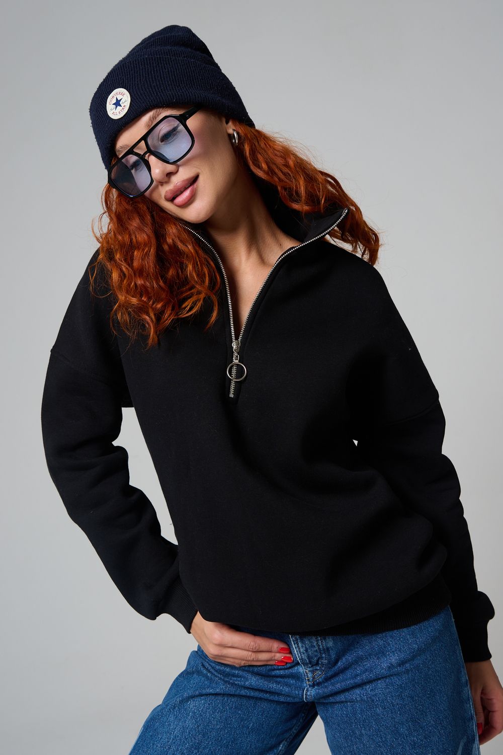 Женский свитшот на молнии оверсайз начес 14427 - черный