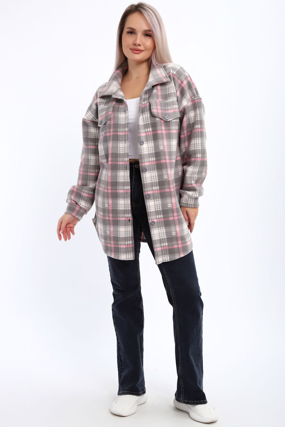 885 Рубашка флис - серо-розовый