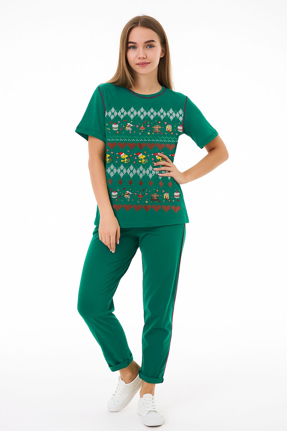 Женский домашний костюм с брюками и футболкой 361 - зеленый