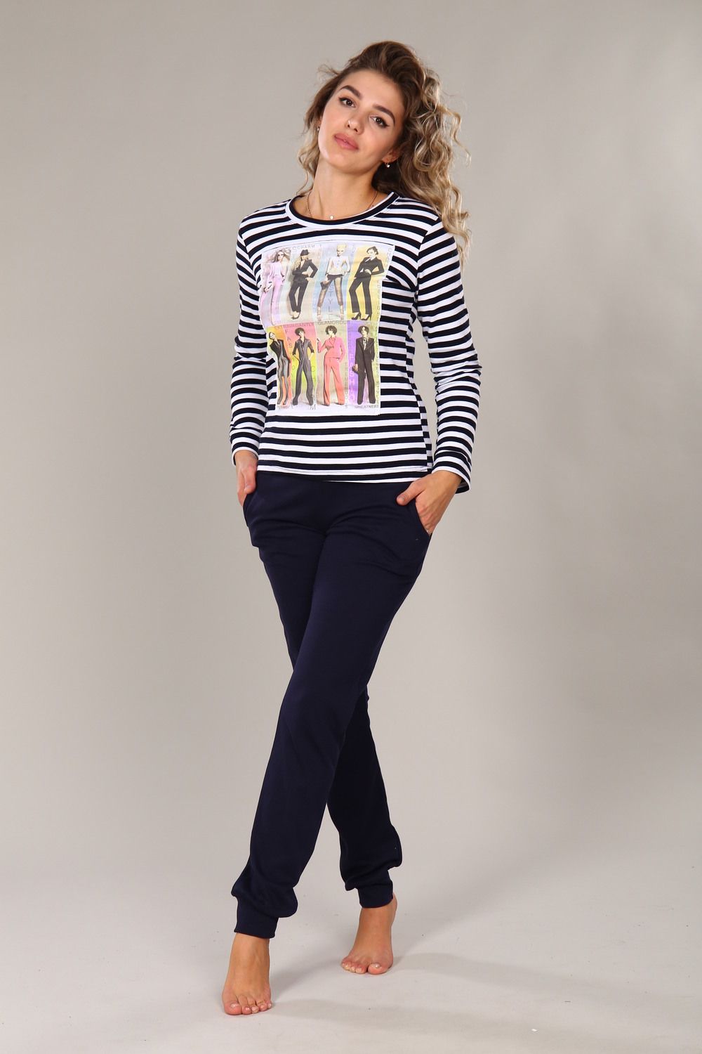 Женский домашний костюм с брюками 68 - черно-белый