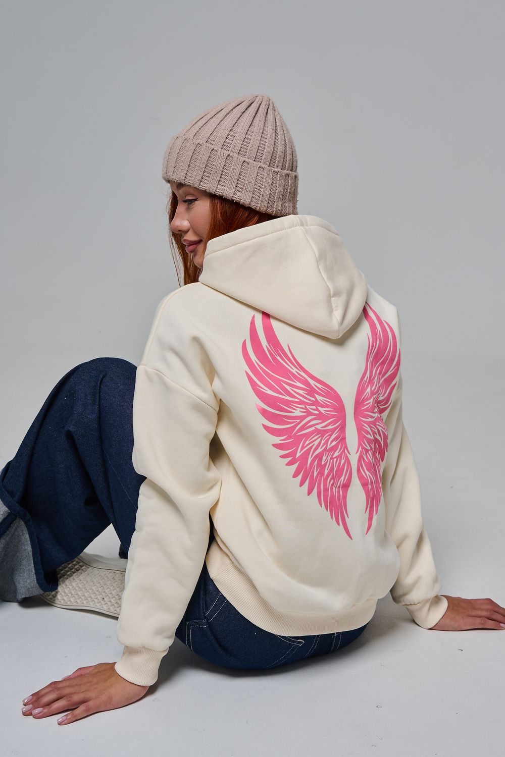 8578 толстовка женская оверсайз - молочный+ангел
