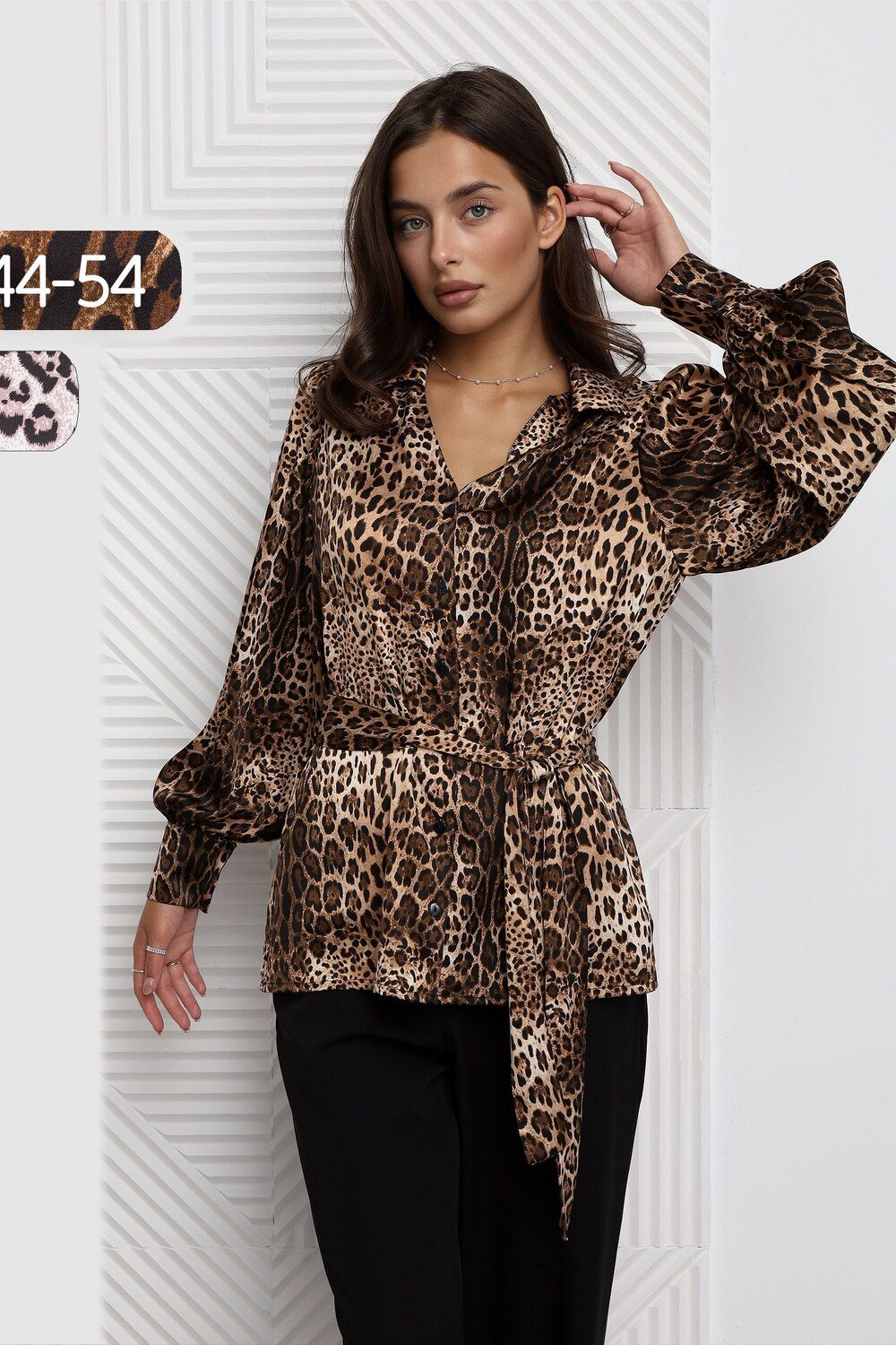 Блузка атласная нарядная с поясом 51060 - коричневый