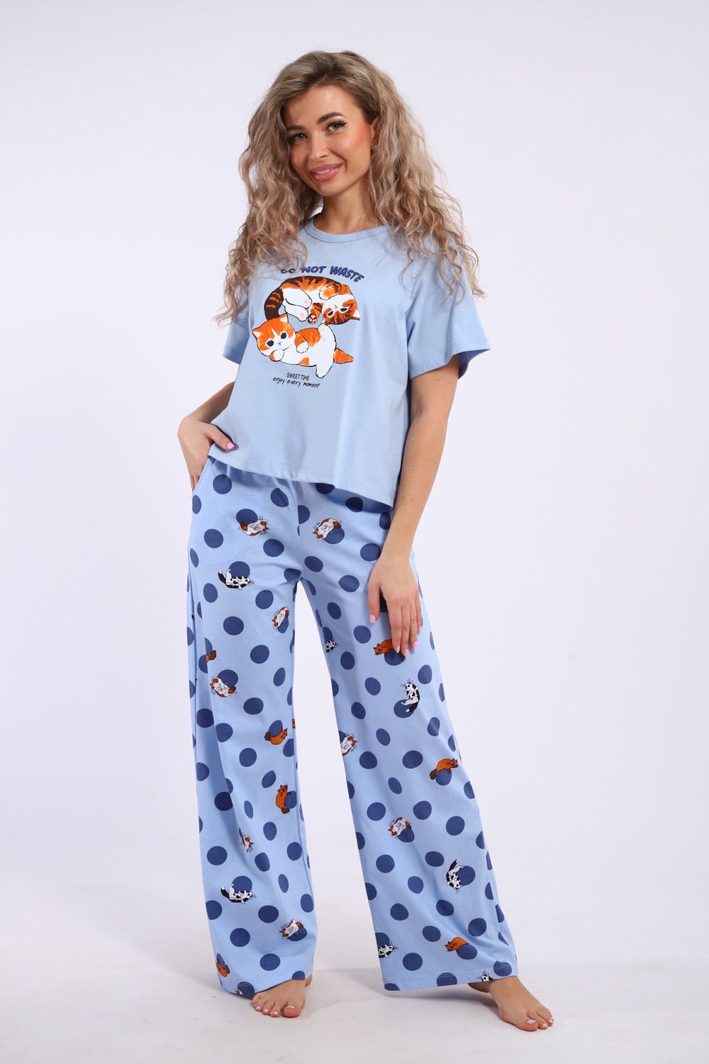 Костюм домашний арт. КД-00-007 - голубой/котята-горошки