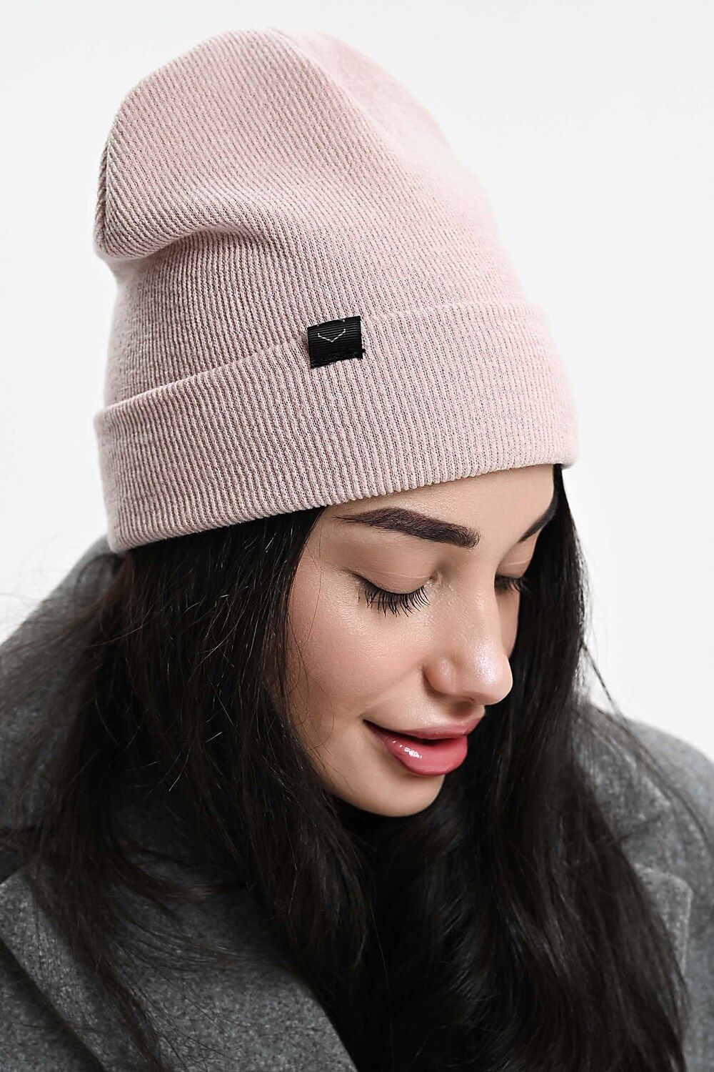 Шапка теплая в рубчик - розовый