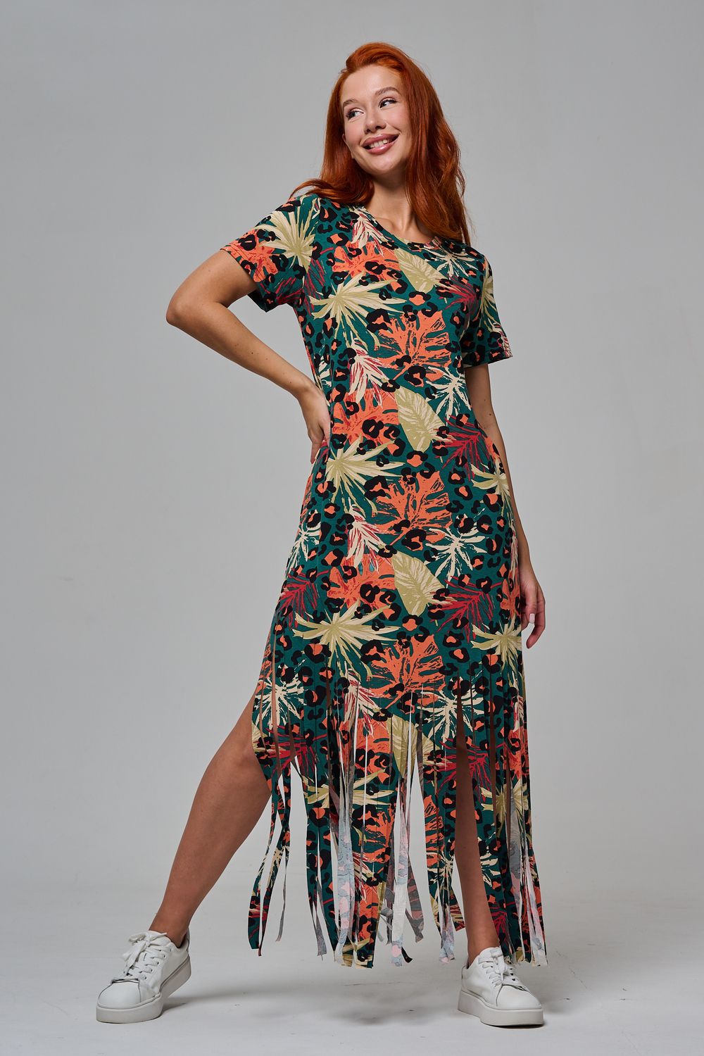 7480/1 Платье женское - листья на зеленом