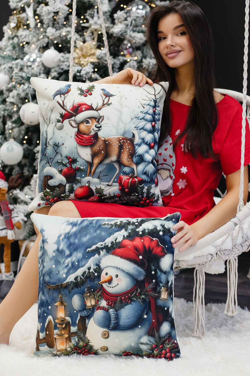 Наволочка декоративная новогодняя 2 шт рогожка - ОленьШапкаСнеговик