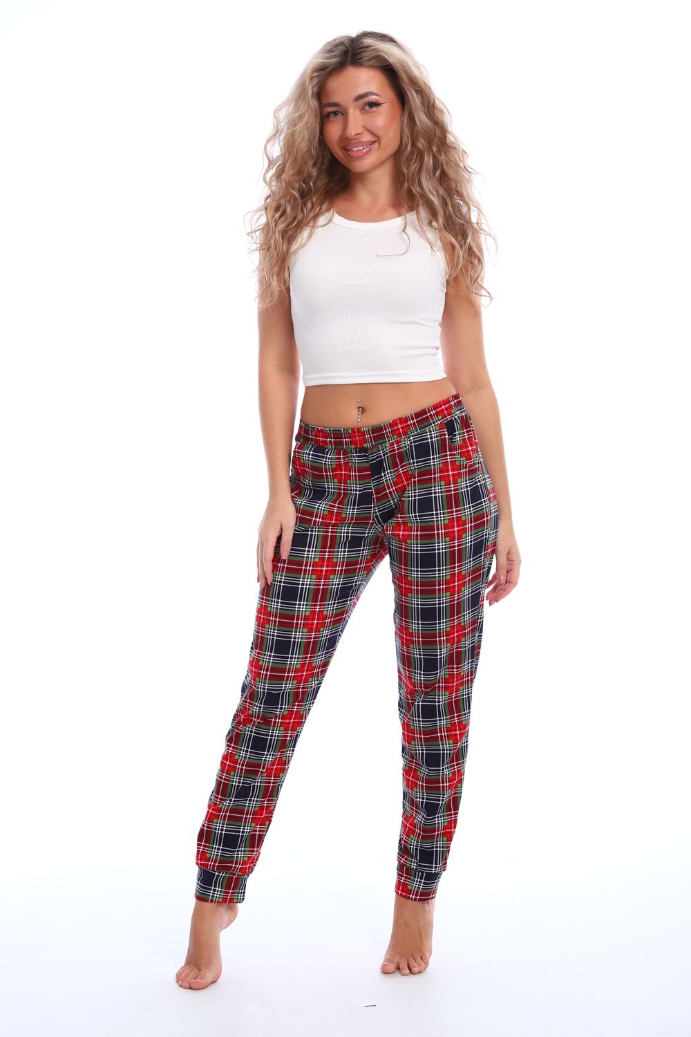 Брюки пижамные женские в клетку - зеленый/красный