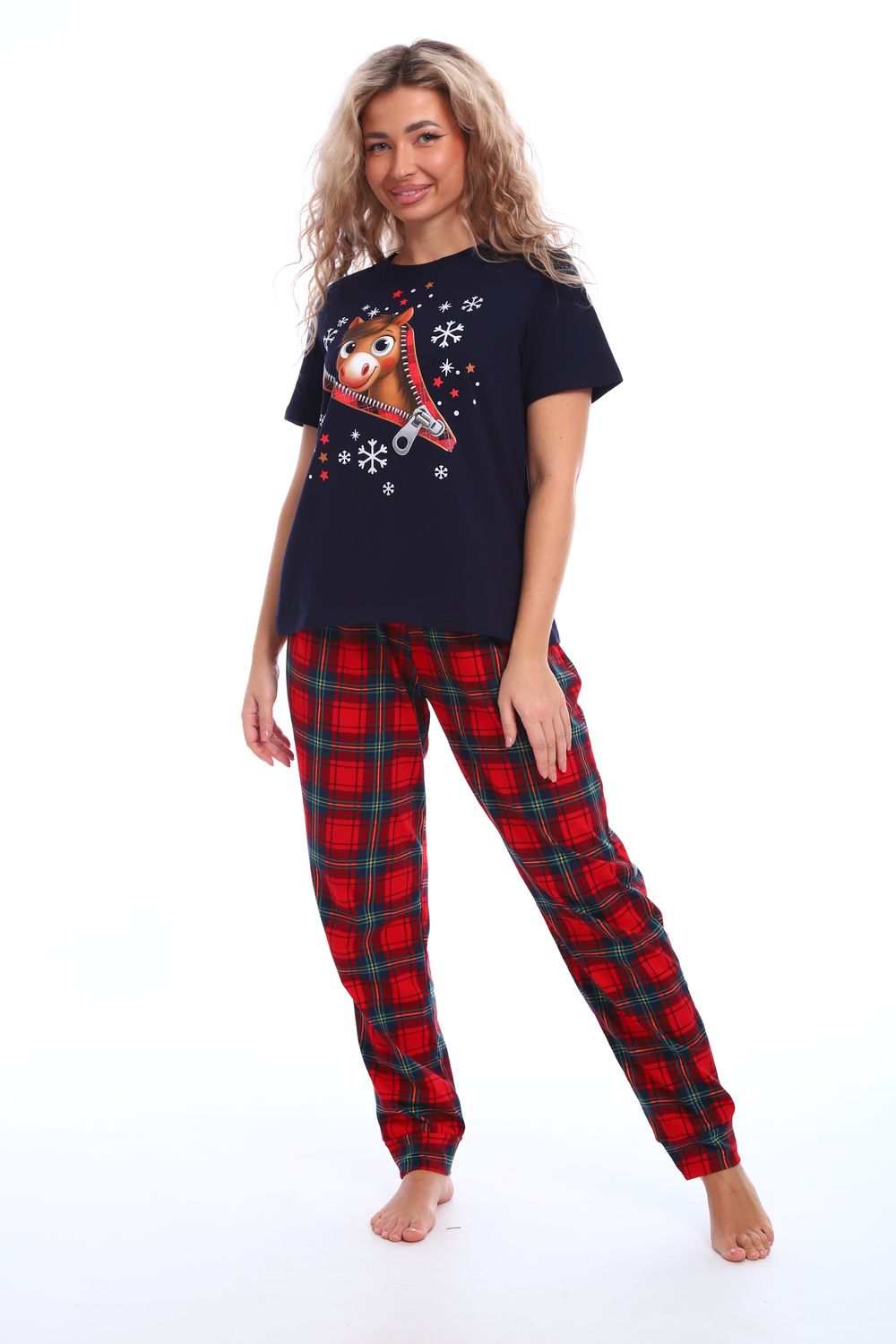 Пижама женская новогодняя Лошадка - синий+красный