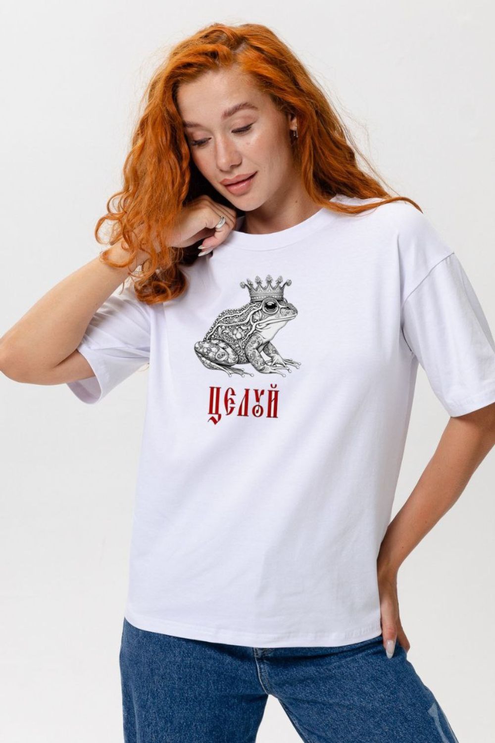 8580 футболка оверсайз женская - белый+лягушка