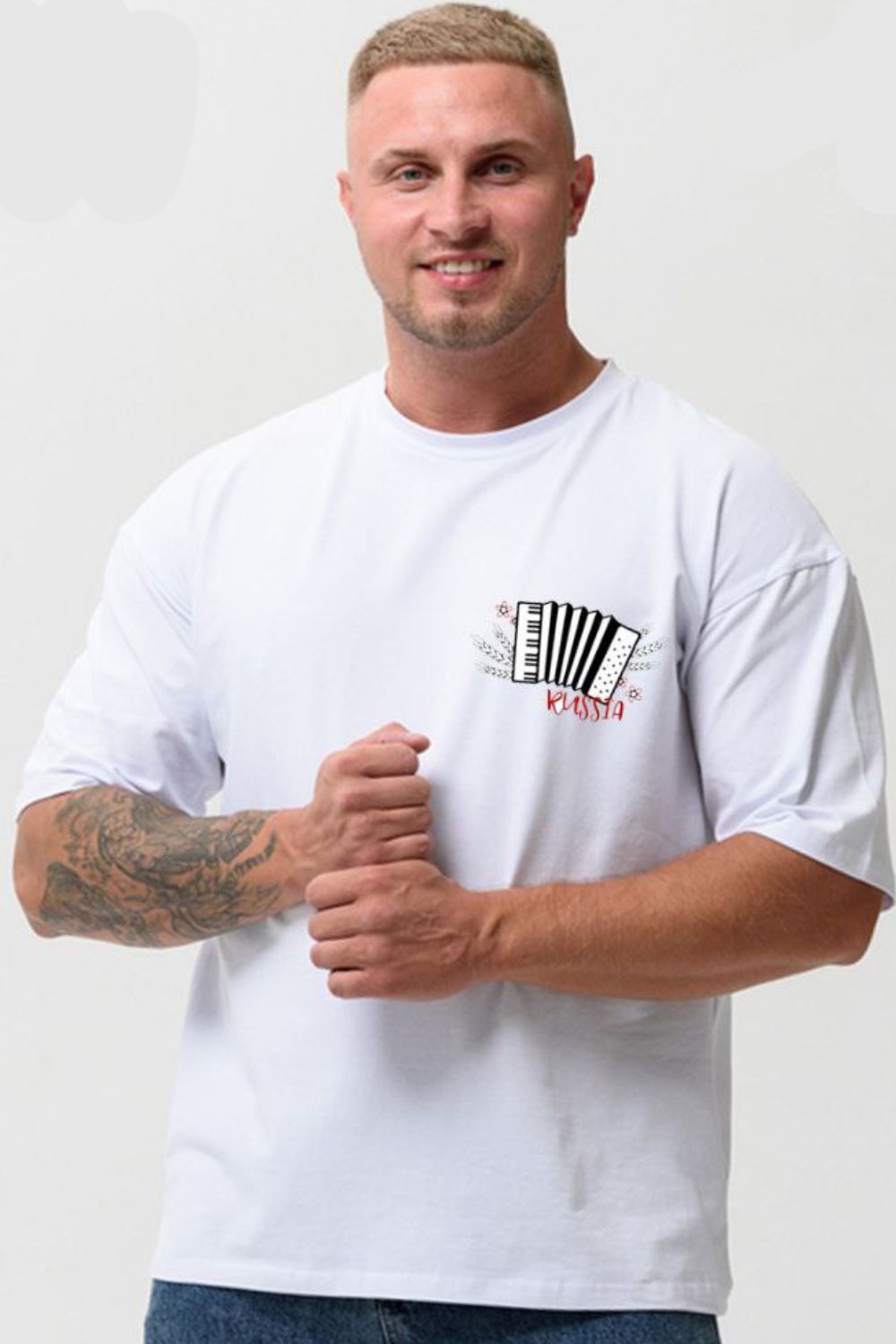 8579 футболка оверсайз мужская - белый+гармонь