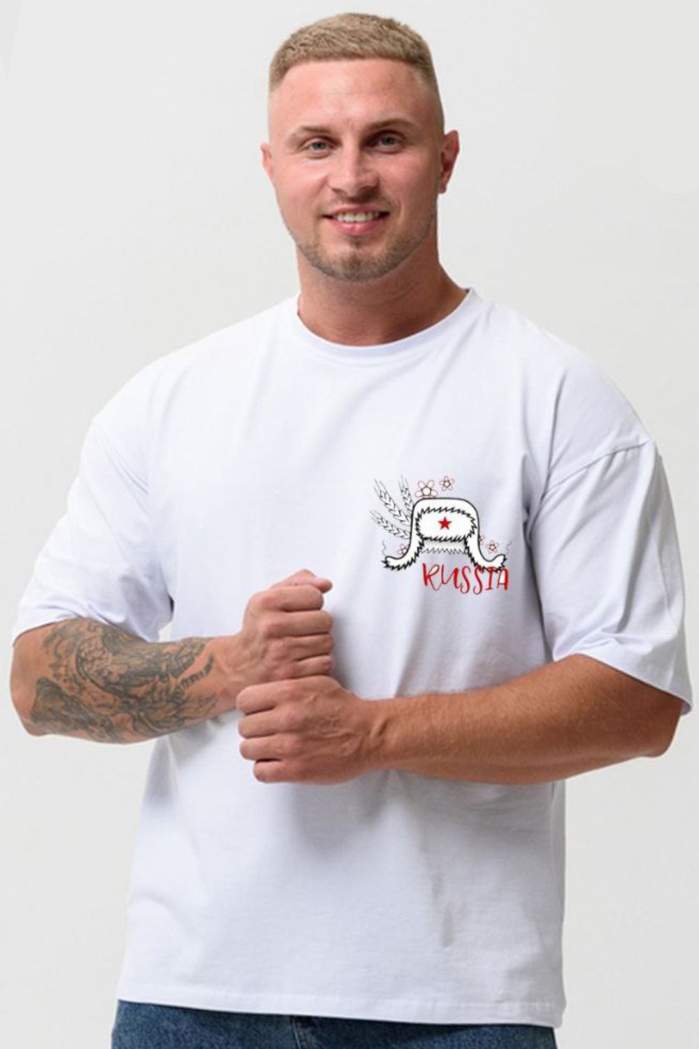 8579 футболка оверсайз мужская - белый+ушанка