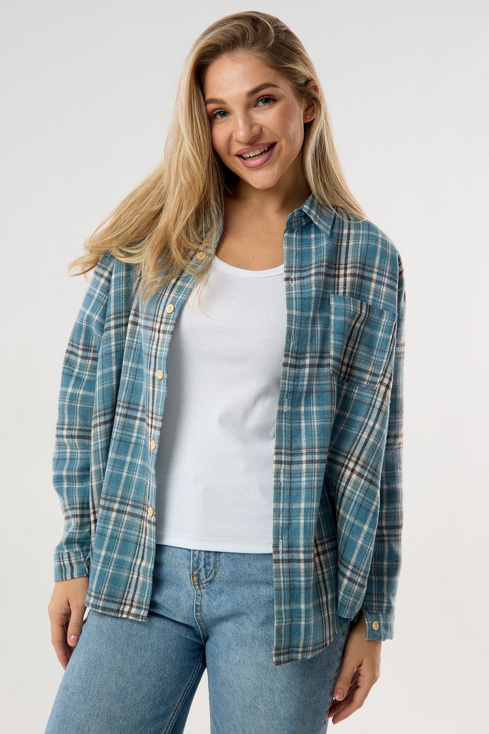 Рубашка женская в клетку - голубой