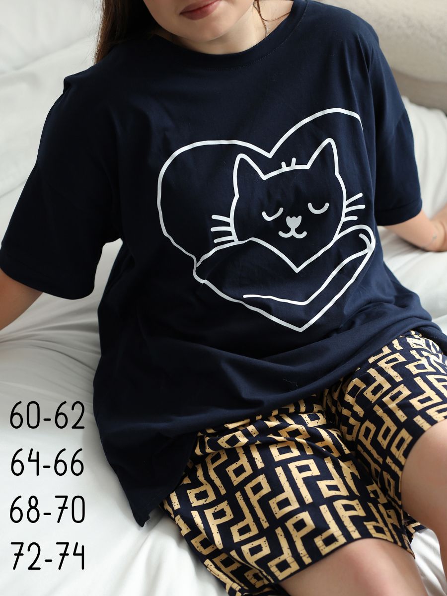 Футболка пижамная больших размеров (ФП-111 кошечка) - темно-синий