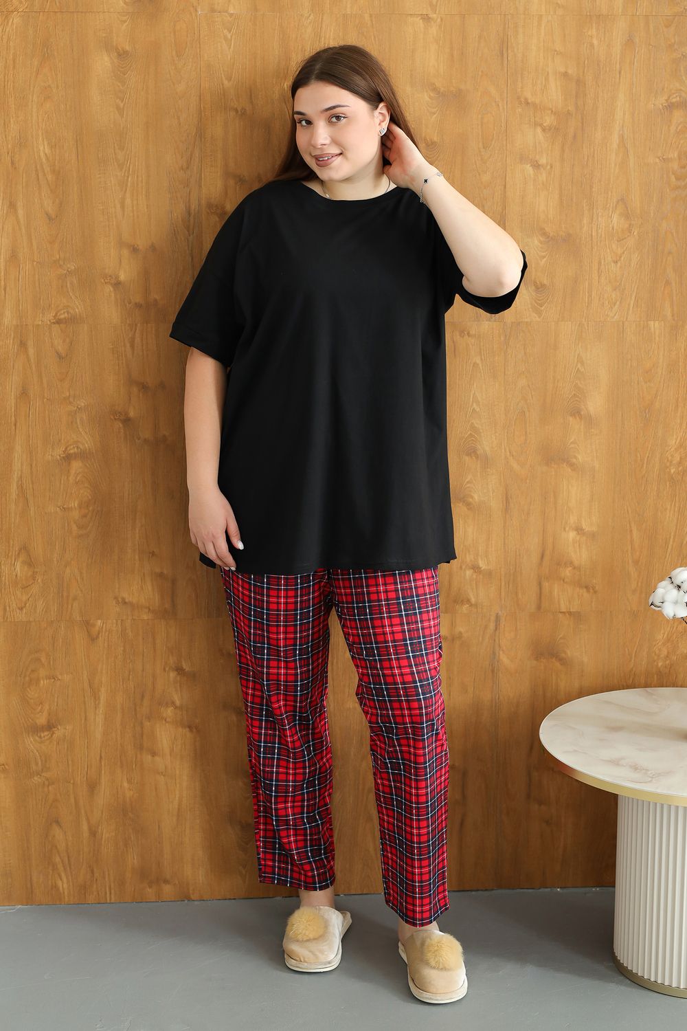 Пижама женская со штанами больших размеров (П-111б-однотонная) - красный-синий