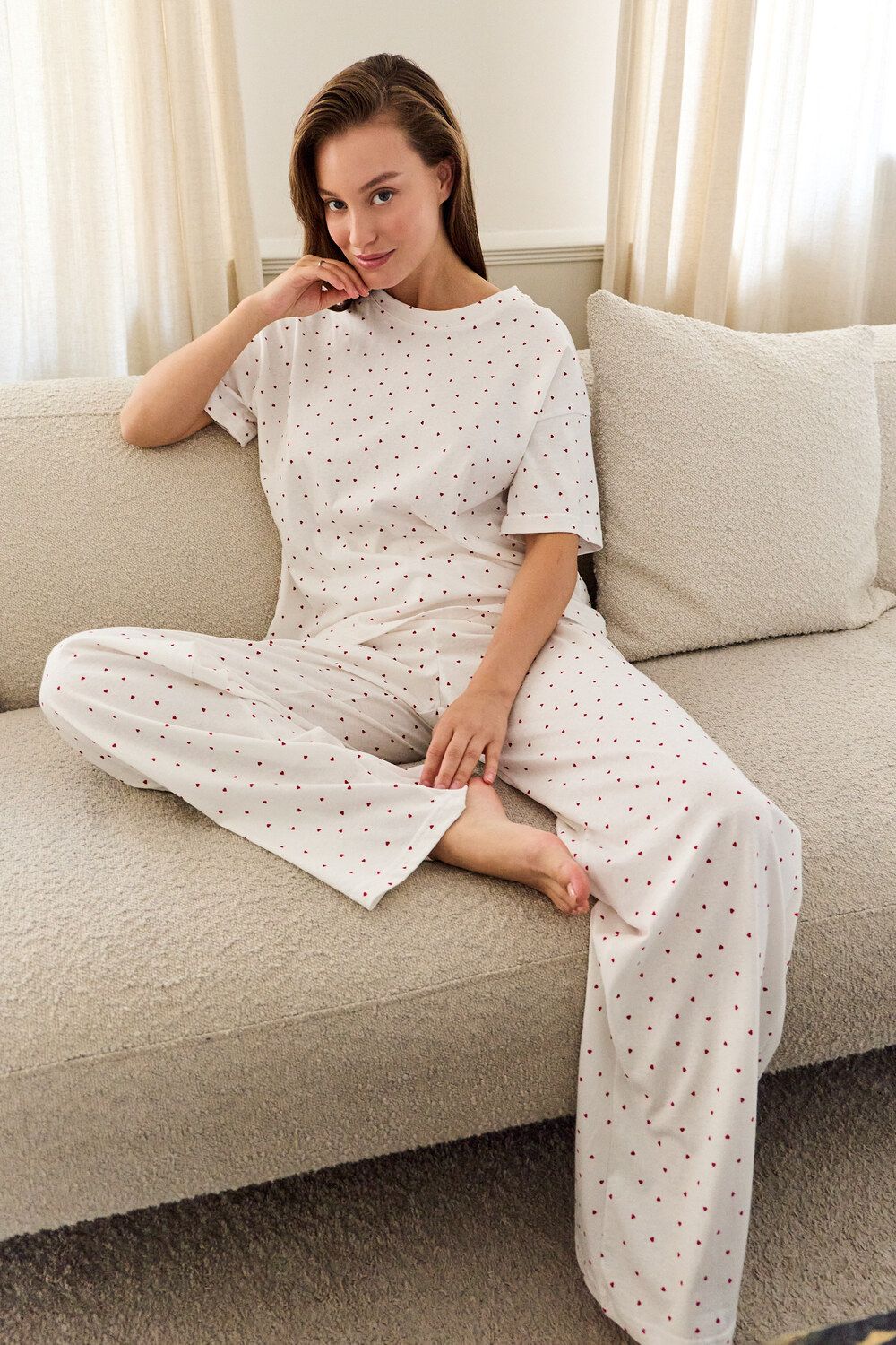 Пижама с брюками хлопковая Сердце - молочный