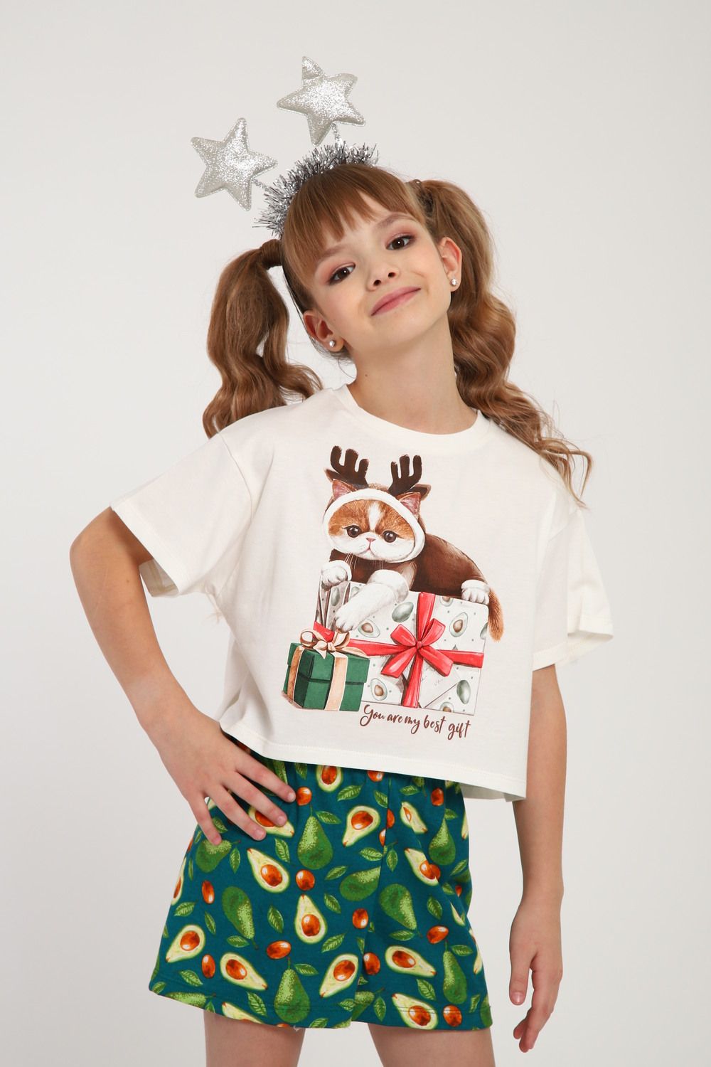Пижама для девочки ПД-019-073 Кот Новый год - крем-авокадо