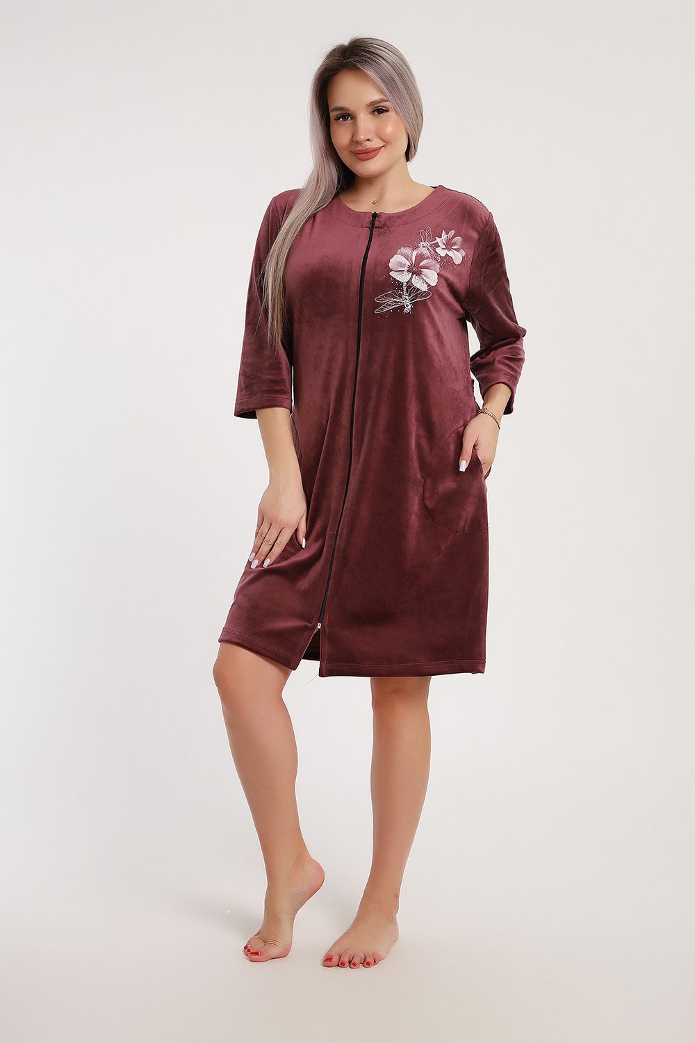 Халат велюровый 526 - брусничный