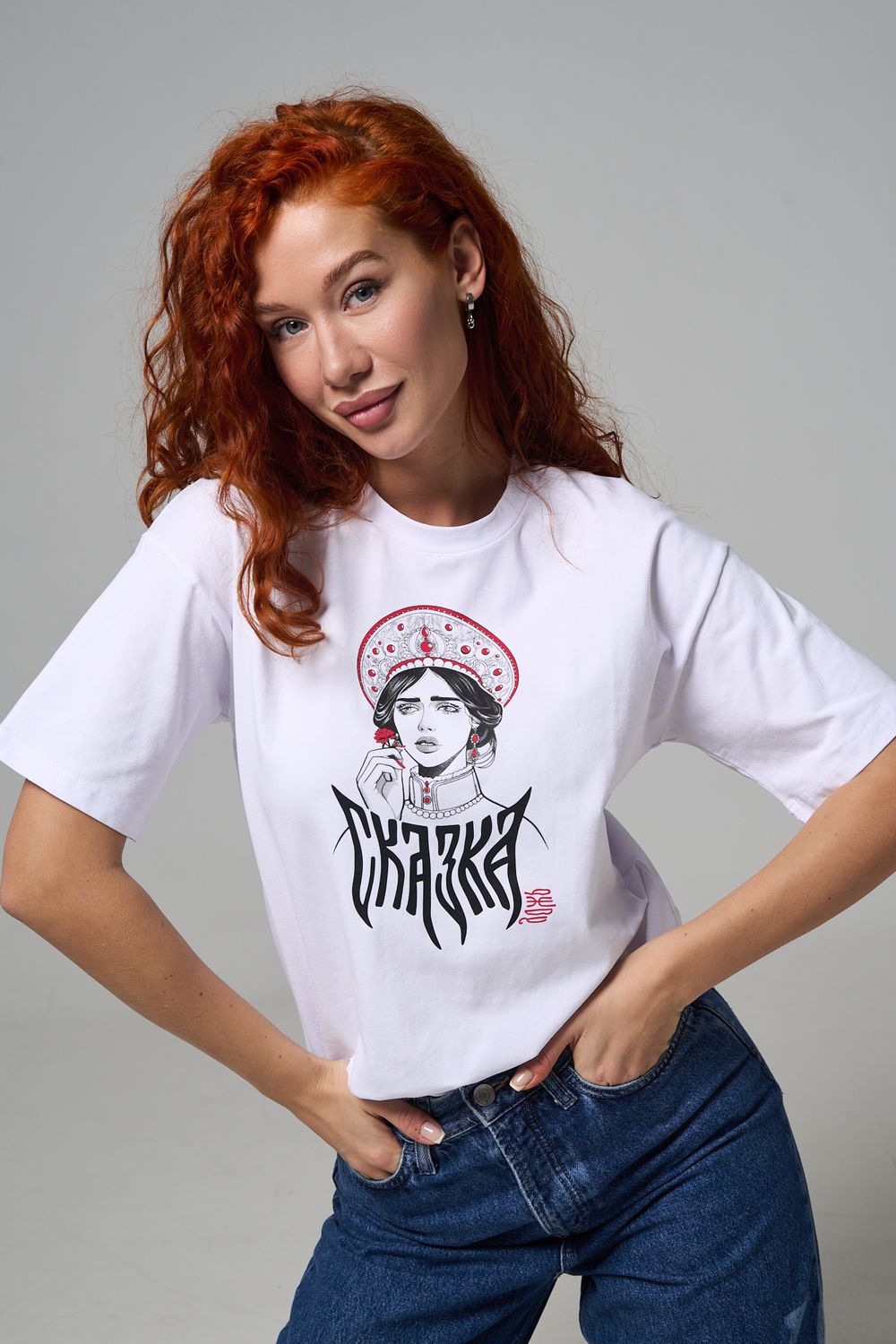 8580 футболка оверсайз женская - белый+сказка