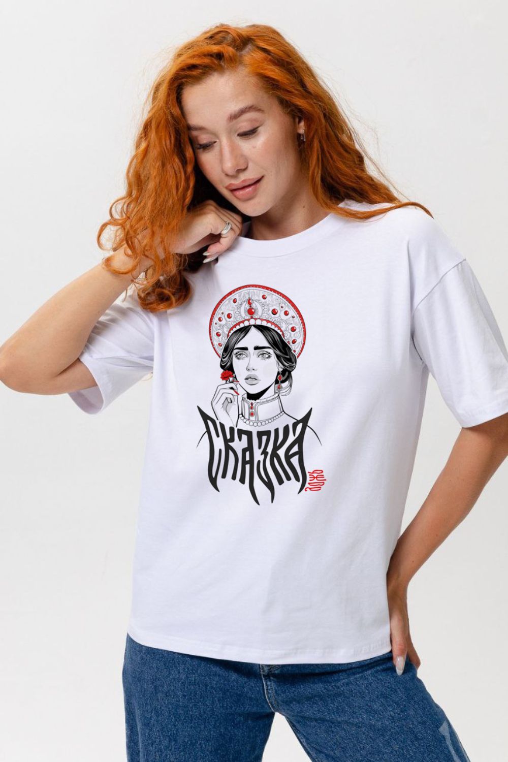 8580 футболка оверсайз женская - белый+сказка