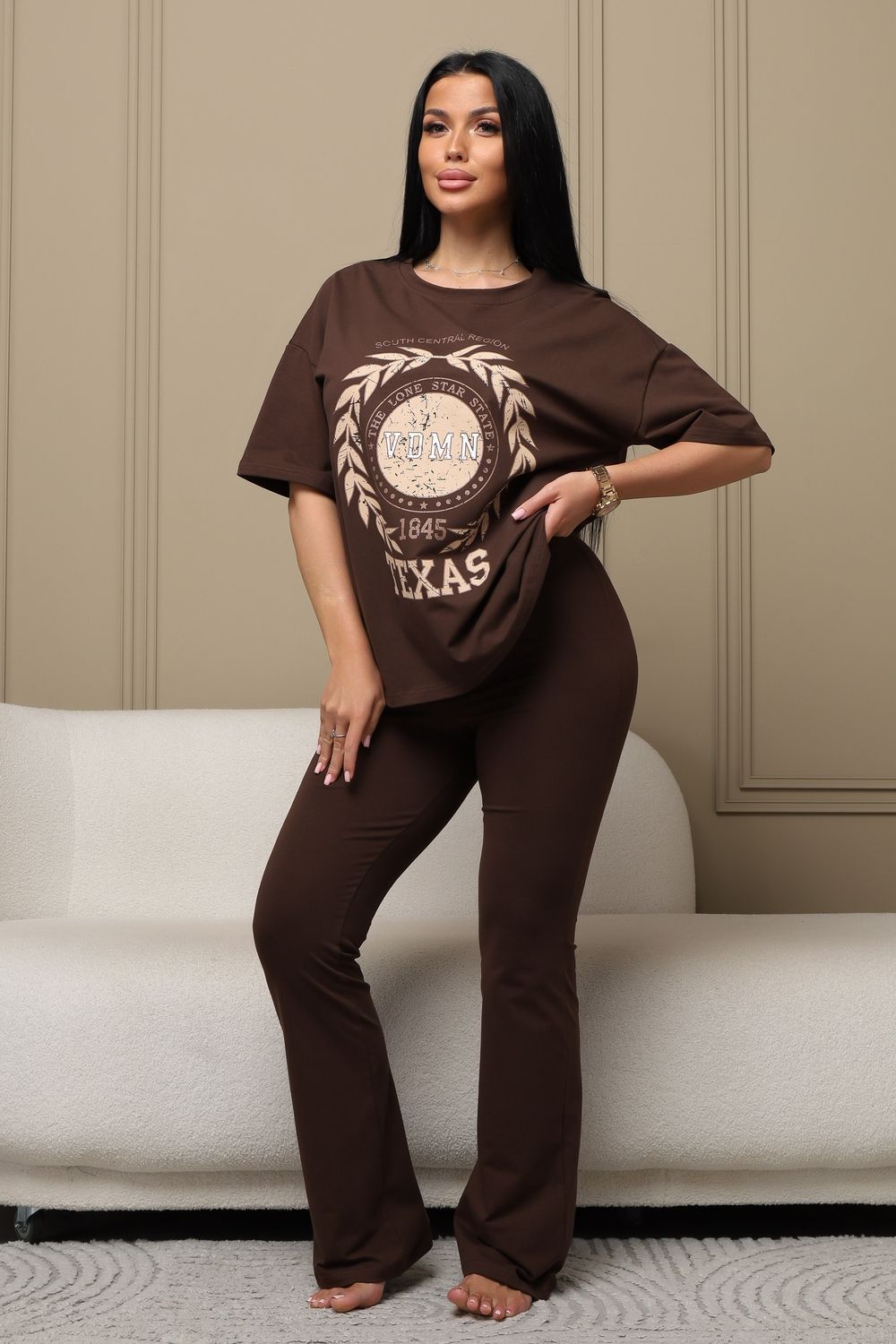 Костюм женский домашний с брюками КБК01 - шоколад-бежевый