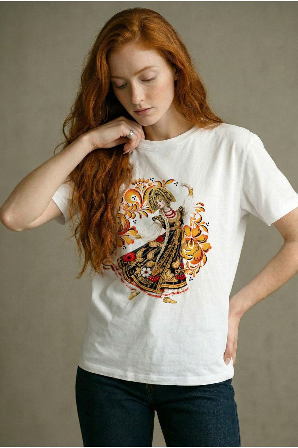 8589 футболка унисекс - белая+танец хохлома