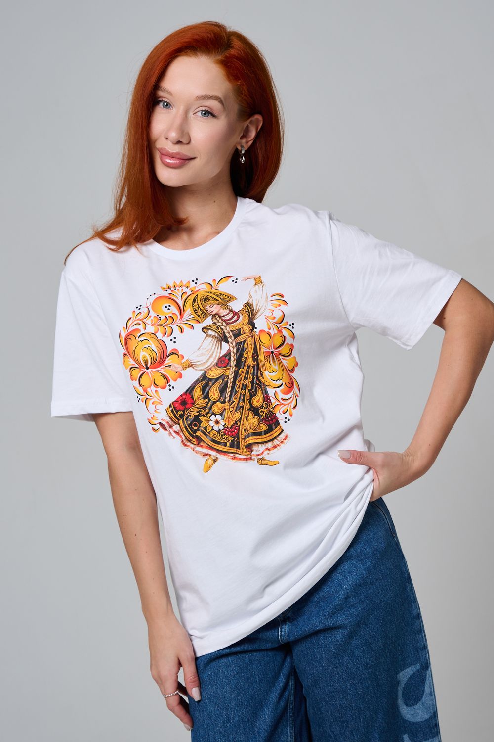 8589 футболка унисекс - белая+танец хохлома