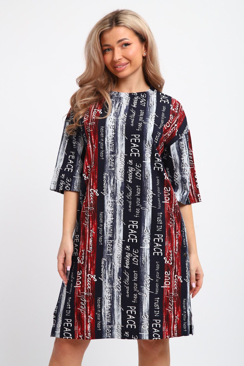 Платье-туника на клепках ТПК-01 - синий-красный-белый Полосы с буквами Love