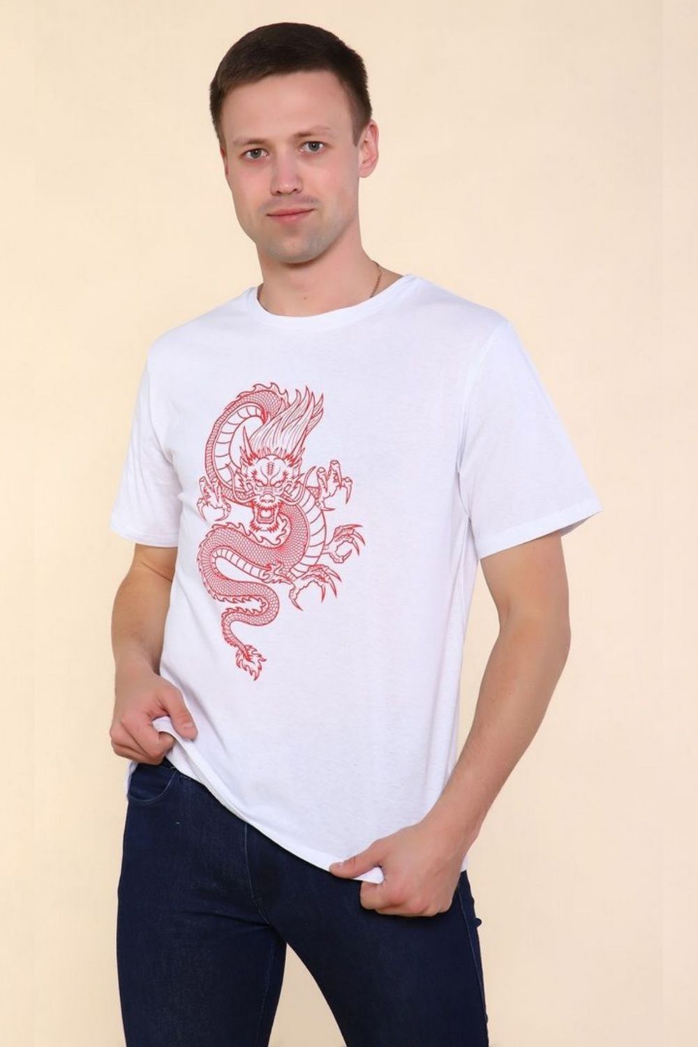 2224 Футболка мужская Тату дракона - белый-красный