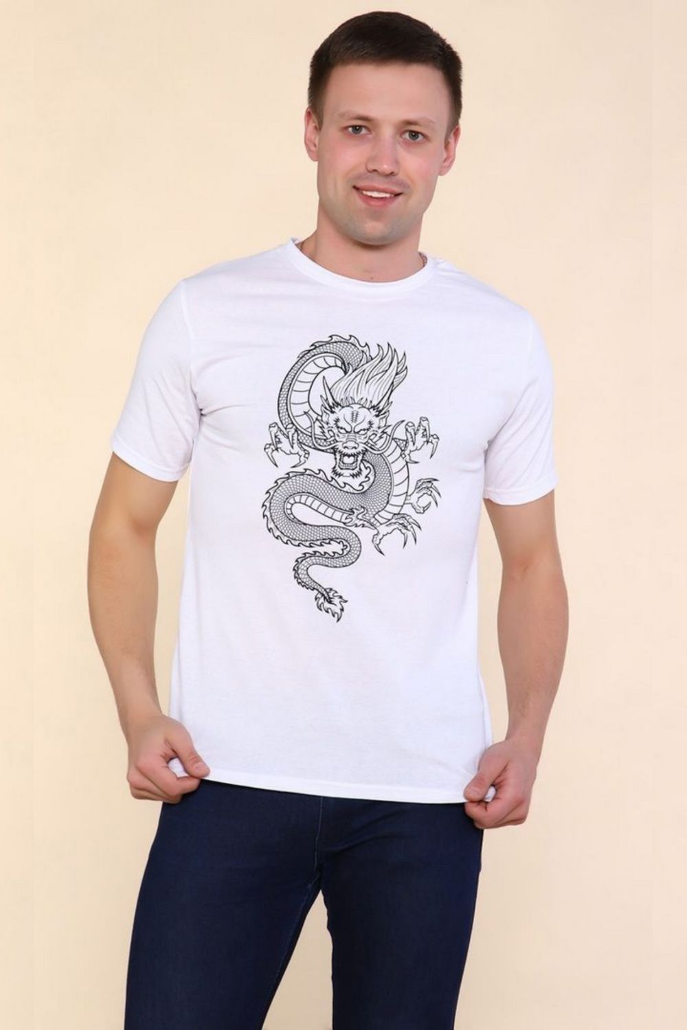 2224 Футболка мужская Тату дракона - белый-черный