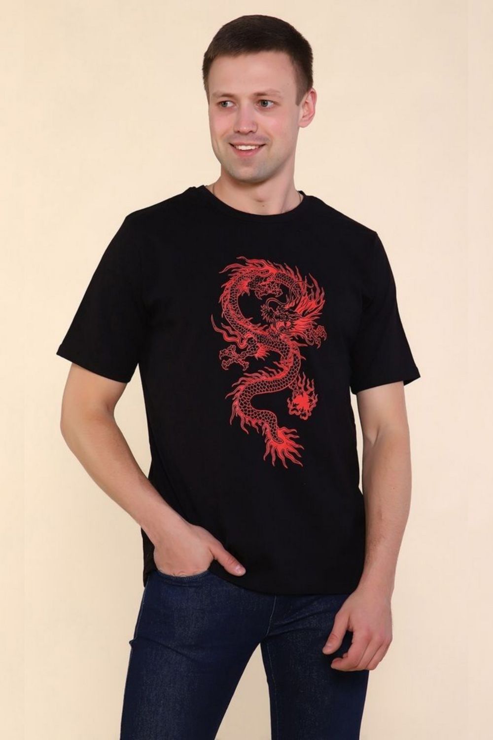 2224 Футболка мужская Тату дракона - черный-красный