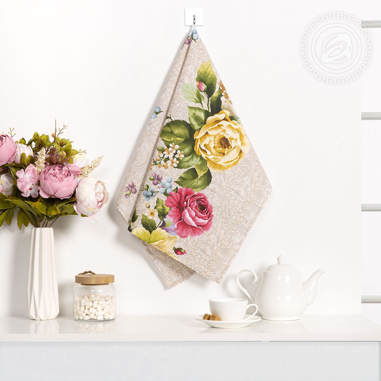 Полотенце кухонное из рогожки Пионы скатерть пкр.50.70