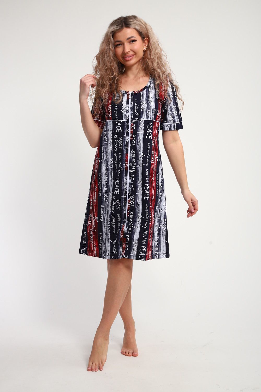 Халат женский ХЖ-01 - синий-красный-белый Полосы с буквами Love