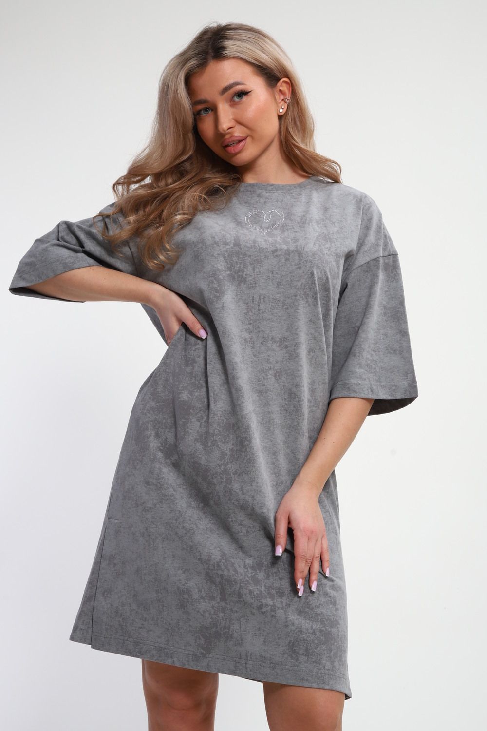 Платье туника варенка с принтом Сердце ТП-02 - светло-серый варенка