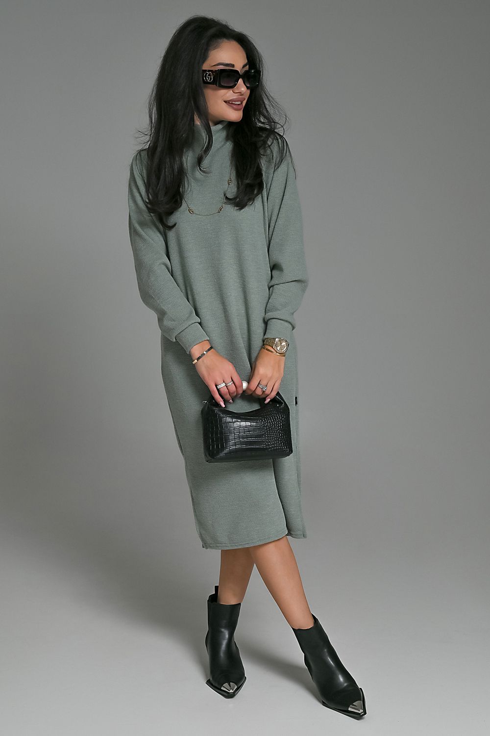 Платье теплое в рубчик - зеленый