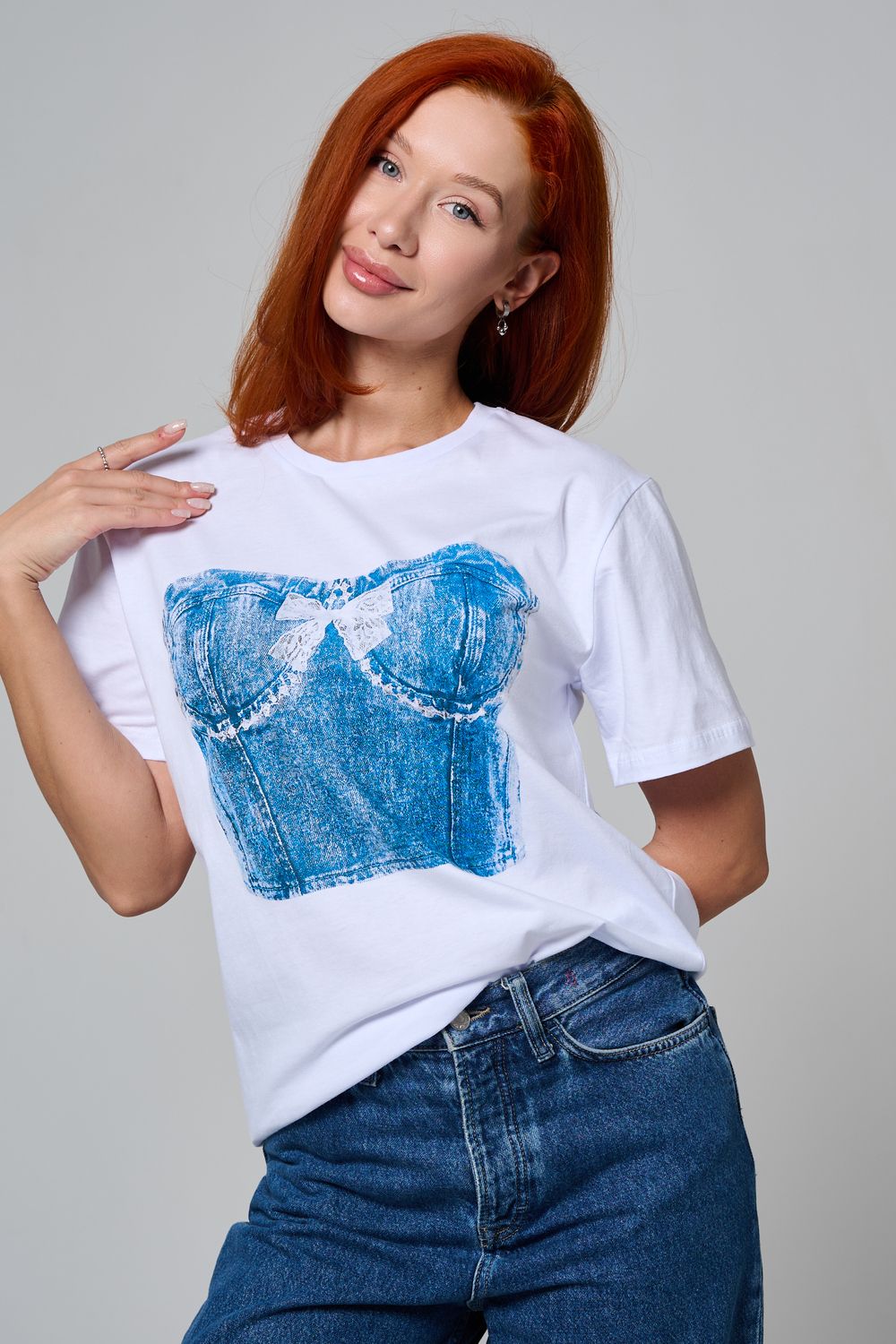 8591 футболка женская - белый+корсет2