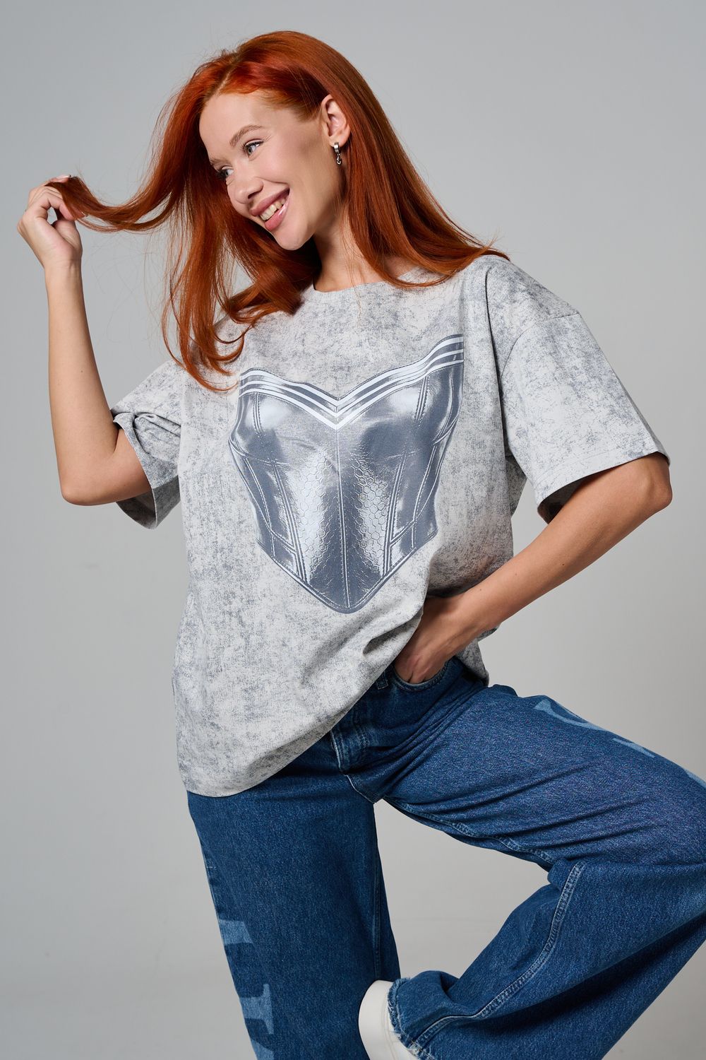 8594 футболка женская оверсайз - серый+корсет