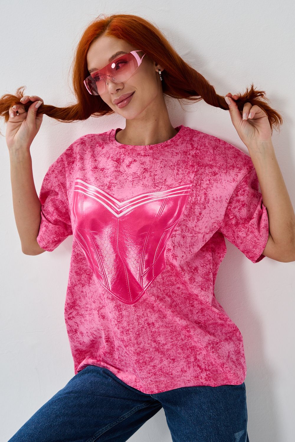 8594 футболка женская оверсайз - фуксия+корсет