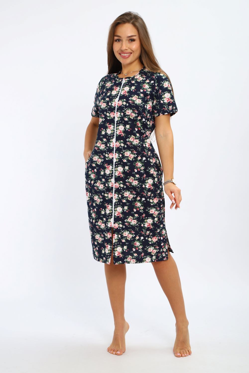 ХАЛАТ домашний ПХДЖ - синий, розы