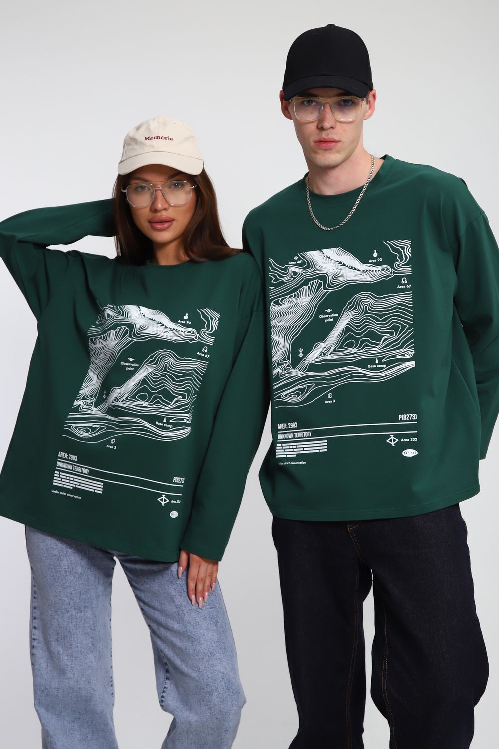 Лонгслив унисекс с принтом Карта ЛГ-01 - темно-зеленый