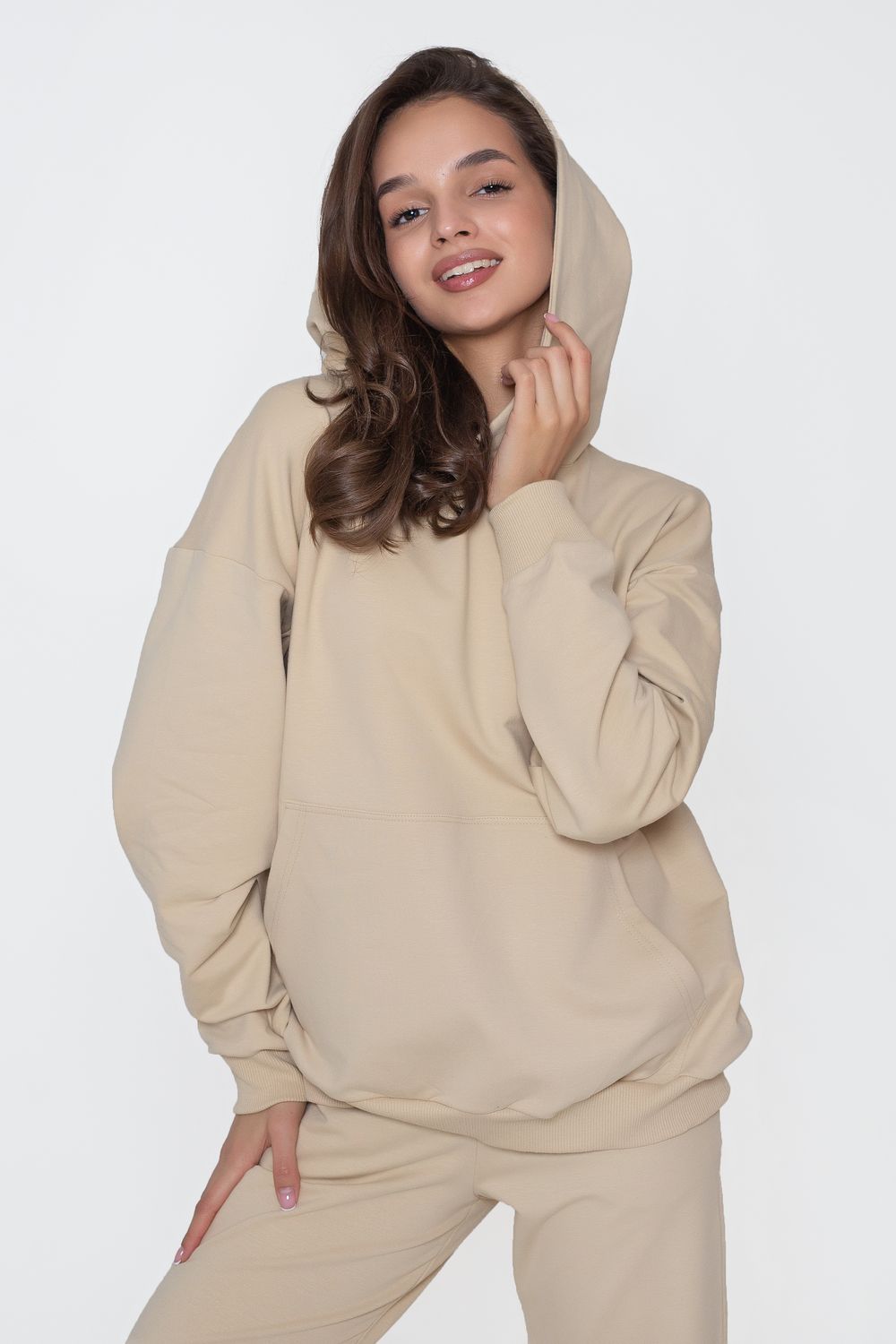 Худи оверсайз с капюшоном футер - бежевый