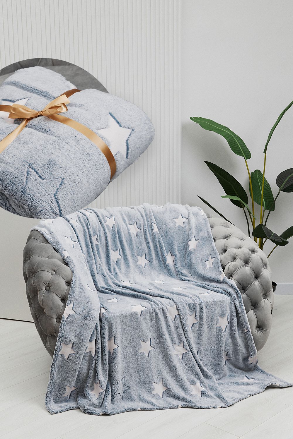 Плед велсофт 1P-179 ЗВЕЗДЫ - серый