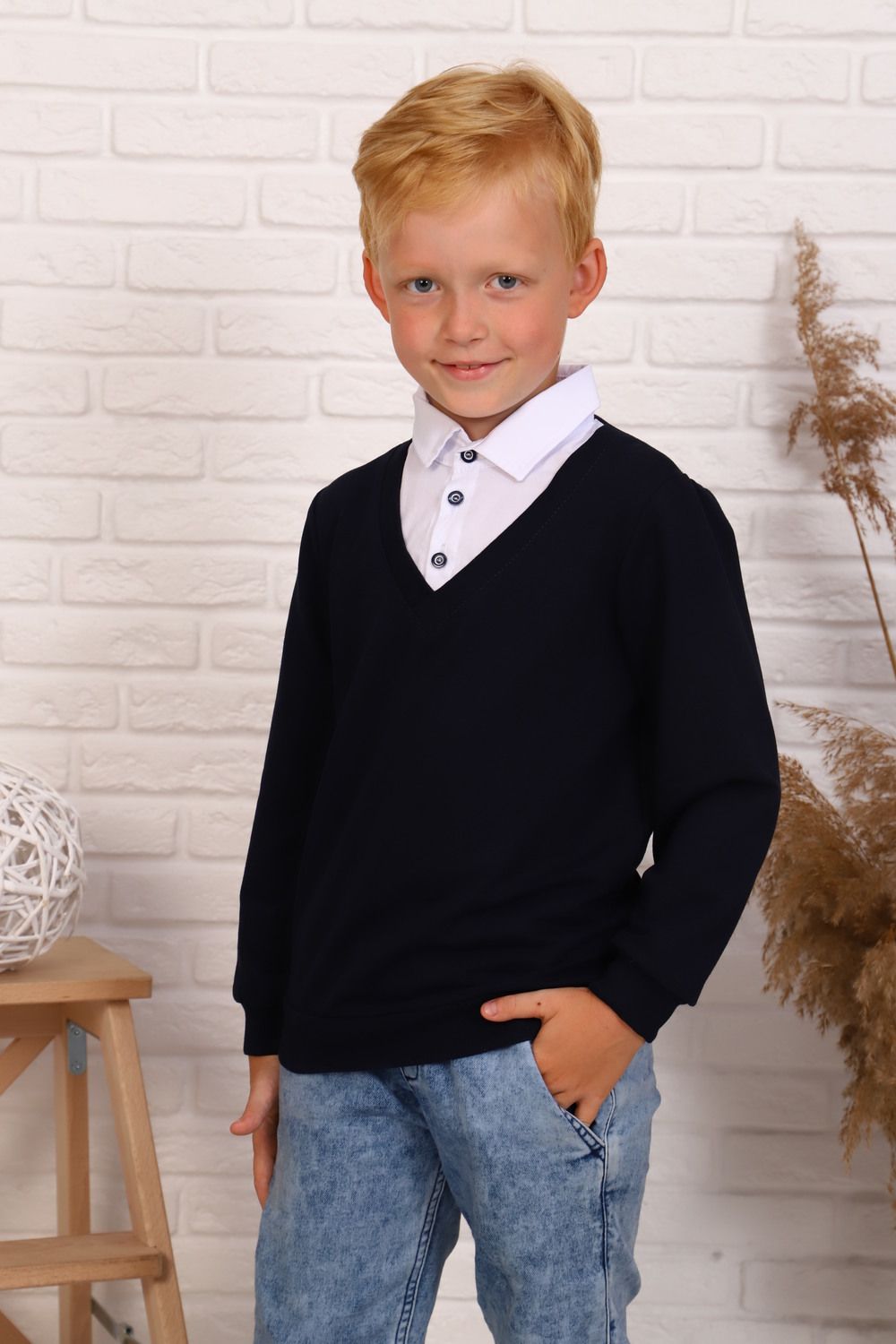 Обманка школа длинный рукав - белый/темно-синий