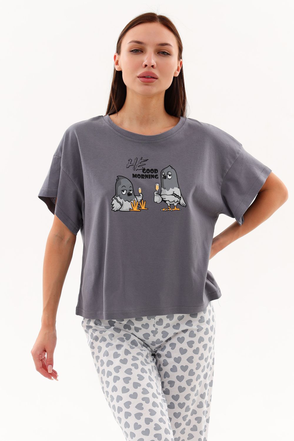 Пижама Good morning футболка+брюки - серый/белый