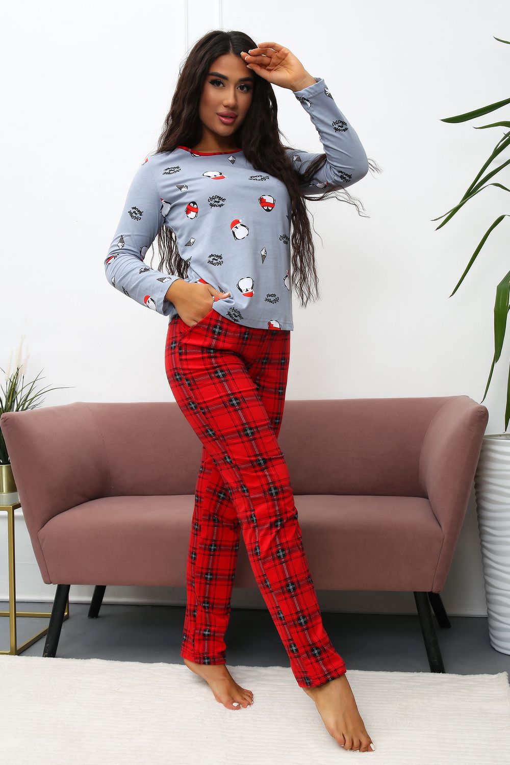 Костюм домашний КД004 Пингвин - красный/серый